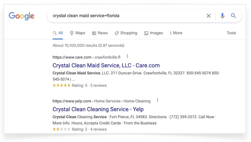 Google Search for Crystal Clean Maid Service example
